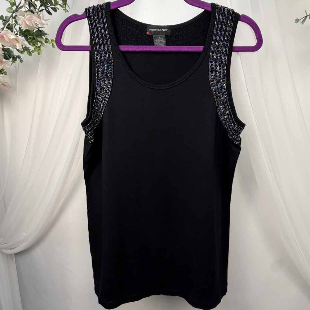 Prominence V-Neck Beaded Sleeveless Stretch Tank Top Black Size Medium